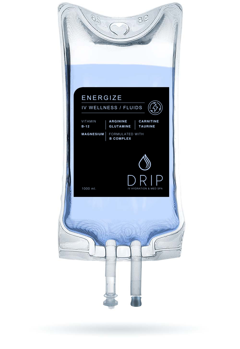 Drip Med Spa’s ‘Energize’ IV therapy bag with a blue infusion and ingredients mentioned.